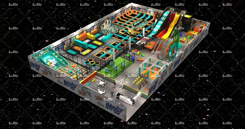 Commercial indoor trampoline park complete 3D design layout, large indoor family amusement play centre render