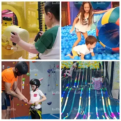Diversified play attractions for commercial indoor family entertainment center, including interactive ball blaster, ocean ball pit, kids safety climbing wall and multi-lane racing slide for children recreation