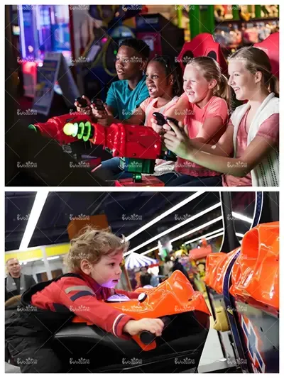 Kids enjoying arcade amusement games in family entertainment center, including multiplayer shooting simulator and racing driving game machines for children indoor fun