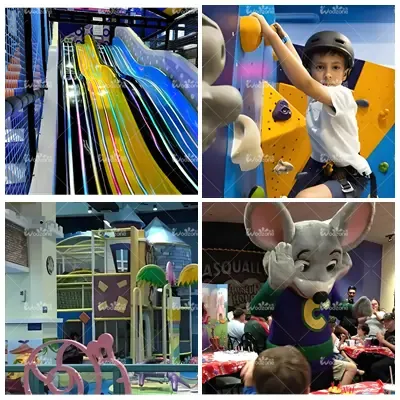Commercial indoor family entertainment center play facilities showcase, featuring rainbow multi-lane racing slide, kids safety climbing wall, castle-style multi-level play structure and children mascot party activity area