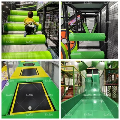 Composite photo set of commercial children indoor adventure park facilities, including padded roller obstacle track, ninja warrior hurdles, mini trampoline mats and smooth plastic slide with full safety net enclosures