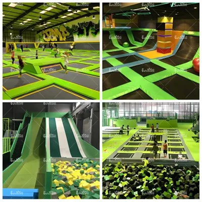 Composite photo of commercial indoor adventure park equipment with bright green safety padding, featuring interconnected trampolines, trampoline basketball wall slide and foam cube pits for family entertainment centers