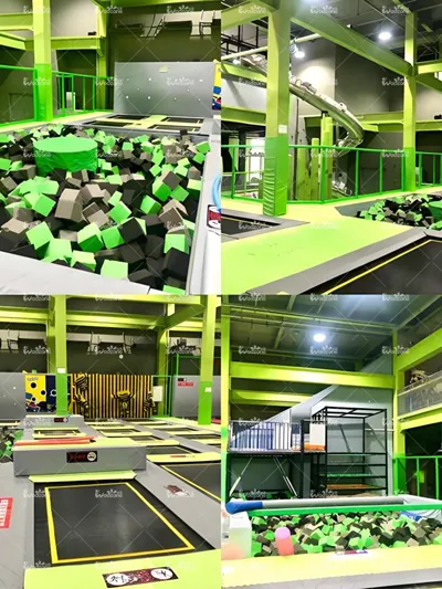 Composite photo set of commercial indoor adventure park equipment with full green safety padding, featuring foam block pool, tunnel slide, interconnected trampolines and ninja challenge obstacles