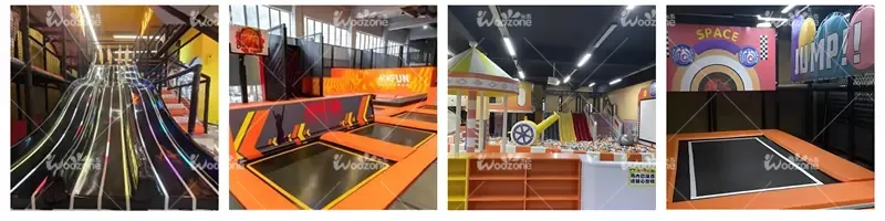 Composite banner showing full-set indoor playground gear: multi-lane slide, interconnected trampolines, themed toddler soft play and space trampoline area manufactured by Woozone