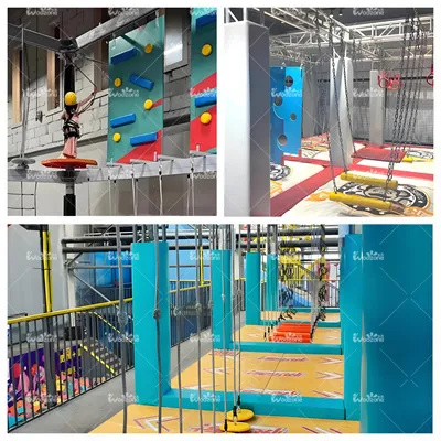 Collage of indoor high rope adventure equipment, including climbing wall obstacle, swing ring path and suspended balance walkway for kids challenge park