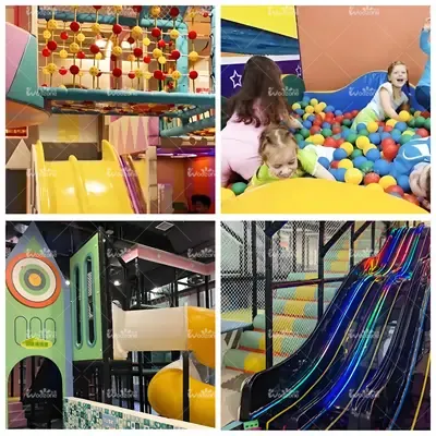 Variety of indoor playground facilities including yellow slide, ocean ball pit, castle play structure and multi-lane racing slide for family entertainment center