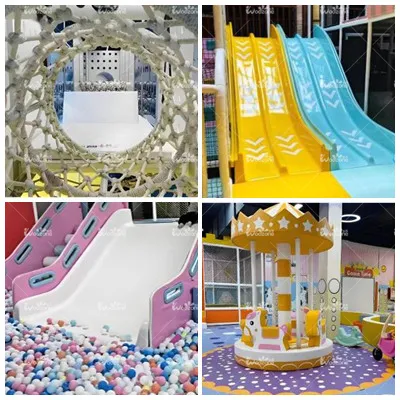Collage of four indoor playground attractions: a rope tunnel, yellow and blue racing slides, a pink and white slide into a ball pit, and a small carousel ride.