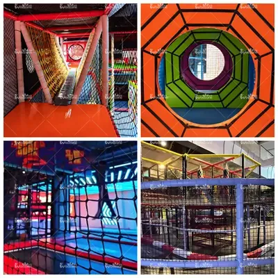 Grid photo set of indoor adventure park facilities, featuring rope net passage, vibrant octagonal maze, neon lighting trampoline space, and fully enclosed kids play structure