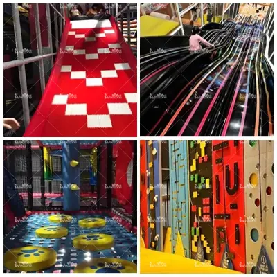 Collage of indoor playground equipment including red checkered slide, multi-lane racing slide, interactive floor game, and colorful climbing walls