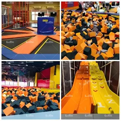 Collage of indoor trampoline park facilities, including interconnected trampolines, orange and black foam pit blocks, and multi-lane racing slides
