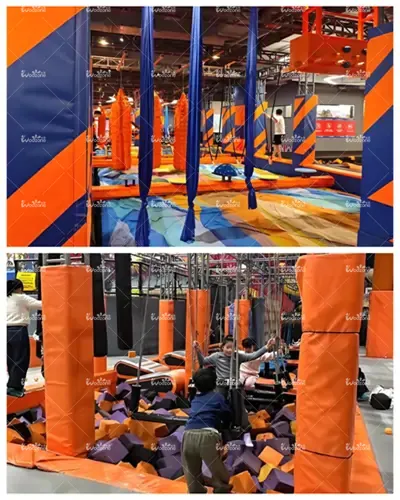 Dual-image showcase of commercial adventure park facilities: aerial rope obstacle zone and swing play set paired with multi-color foam pit for family entertainment centers