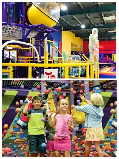 Children playing with dynamic interactive ball pit equipment, featuring overhead vacuum ball tubes and auto ball circulation structure inside commercial indoor family entertainment center