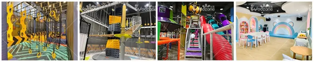 Four-section image of indoor children play equipment: climbing ring obstacles, balance suspension track, multi-color spiral slides and rest reading room