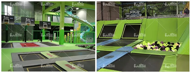 Dual composite photo of commercial indoor adventure park gear with lime green protective foam, trampoline basketball hoops, spiral tube slide and Ninja Warrior trampoline area with multi-toned foam block pit