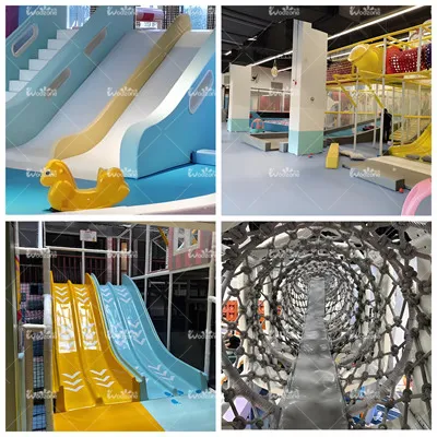 Four-grid collage of indoor soft play equipment: single slide, multi-level play structure, racing slides and woven rope tunnel
