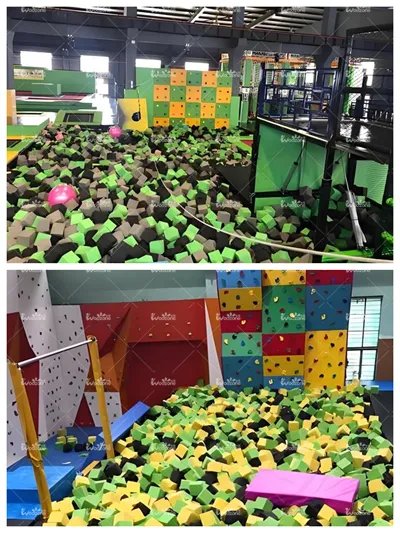 Dual composite photo of commercial indoor playground gear, featuring deep foam block pools and multi-panel bouldering climbing walls for trampoline parks and family entertainment centers