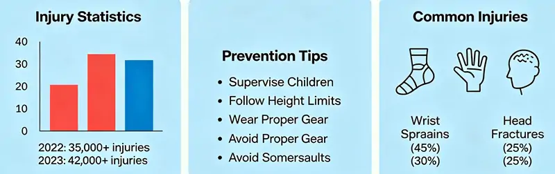 Infographic showing trampoline park annual injury statistics, safety prevention tips and three common kid injuries: ankle injuries, wrist sprains, head fractures for indoor playground facility suppliers