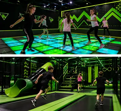 Commercial indoor play equipment featuring an interactive LED pixel floor and active adventure attraction structures manufactured by Woozone Playground.