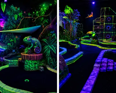 Immersive indoor glow adventure golf course with UV lighting and jungle-themed obstacles at Summit Ninja Challenge.