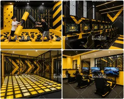 Indoor high performance challenge attractions including children jousting balance beams gaming setup and racing simulators