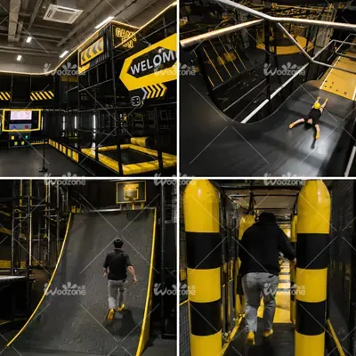 Turnkey indoor adventure park facilities with ninja warrior obstacles, warped wall, and interactive games