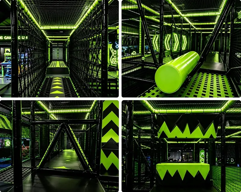 Commercial indoor playground obstacle course with rope bridges, crawling nets, and suspended balancing elements at Summit Ninja Challenge.