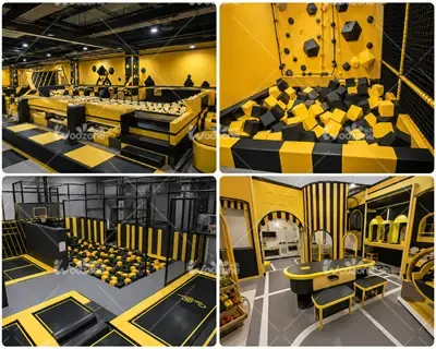 Indoor adventure park spatial design featuring foam pit, climbing wall, trampoline arena, and role-play area
