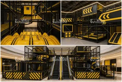Multi level vertical adventure playground design with wave slides and elevated play structures