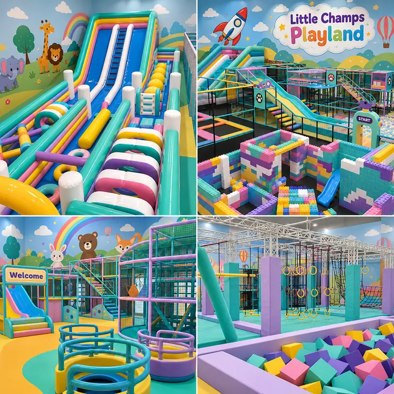 Complete range of commercial indoor soft play facilities at Little Champs Playland, featuring colorful racing slide obstacle zone, multi-level play frame, giant pastel building block maze, baby soft circular play structure and ninja warrior obstacle course with cartoon animal themed wall murals