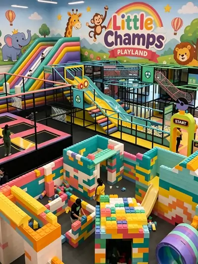 Colorful indoor kids playground Little Champs Playland with big building block maze, rainbow slide, trampoline area and cartoon animal wall murals for children entertainment