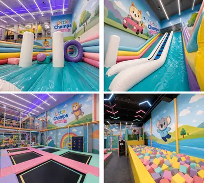 Full range of colorful kids soft play facilities at Little Champs Playland, featuring inflatable obstacle course, long racing slide, multi-trampoline park and large foam block pit with cartoon animal wall decorations