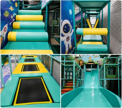 Diverse multi-level soft play facilities at Little Champs Playland, including padded rolling climbing steps, astronaut themed obstacle rollers, mini internal trampolines and long smooth teal plastic slide with cartoon space and safari wall decors