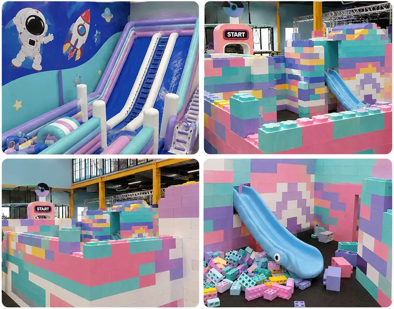 Space themed racing slide and pastel giant building block maze play areas inside Little Champs indoor playground, featuring astronaut rocket wall murals, entry start gate and mini slide with scattered foam blocks for young kids