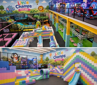 Little Champs indoor kids play center featuring multi-story soft play structures, trampoline zones, arcade game mezzanine, large pastel block maze and cartoon animal themed wall decors