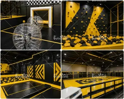 Playground ninja course and trampoline arena facilities featuring climbing wall and bubble soccer area