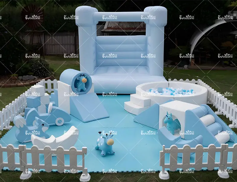 Safe indoor soft play zone design with impact-absorbing foam structures, miniature climbing steps, and a low profile slide for daycare and commercial play spaces.